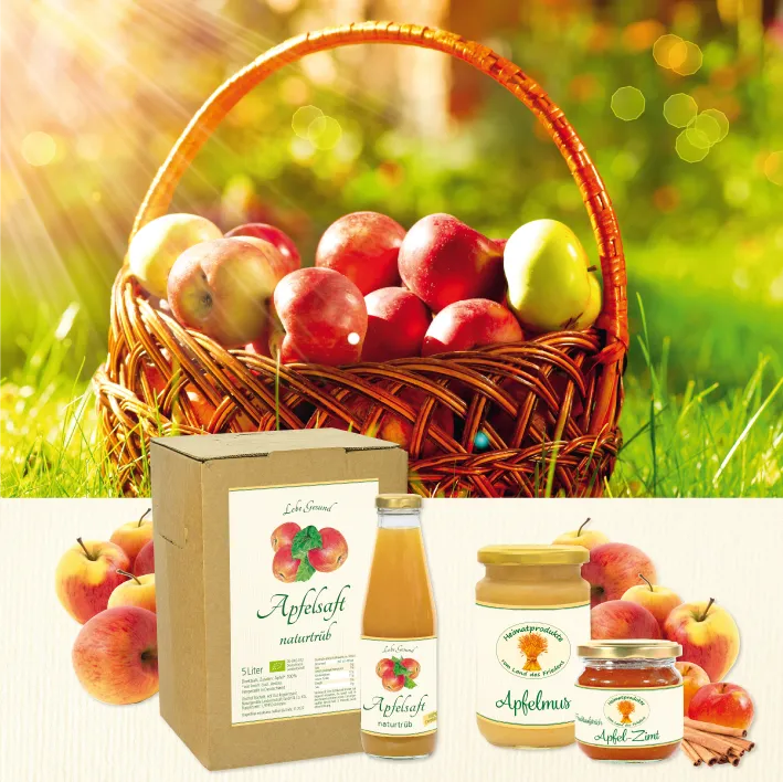 Vegetarische Apfelprodukte im Natur-Supermarkt von Lebe Gesund im Ihr Einkaufsland International, Marktheidenfeld.